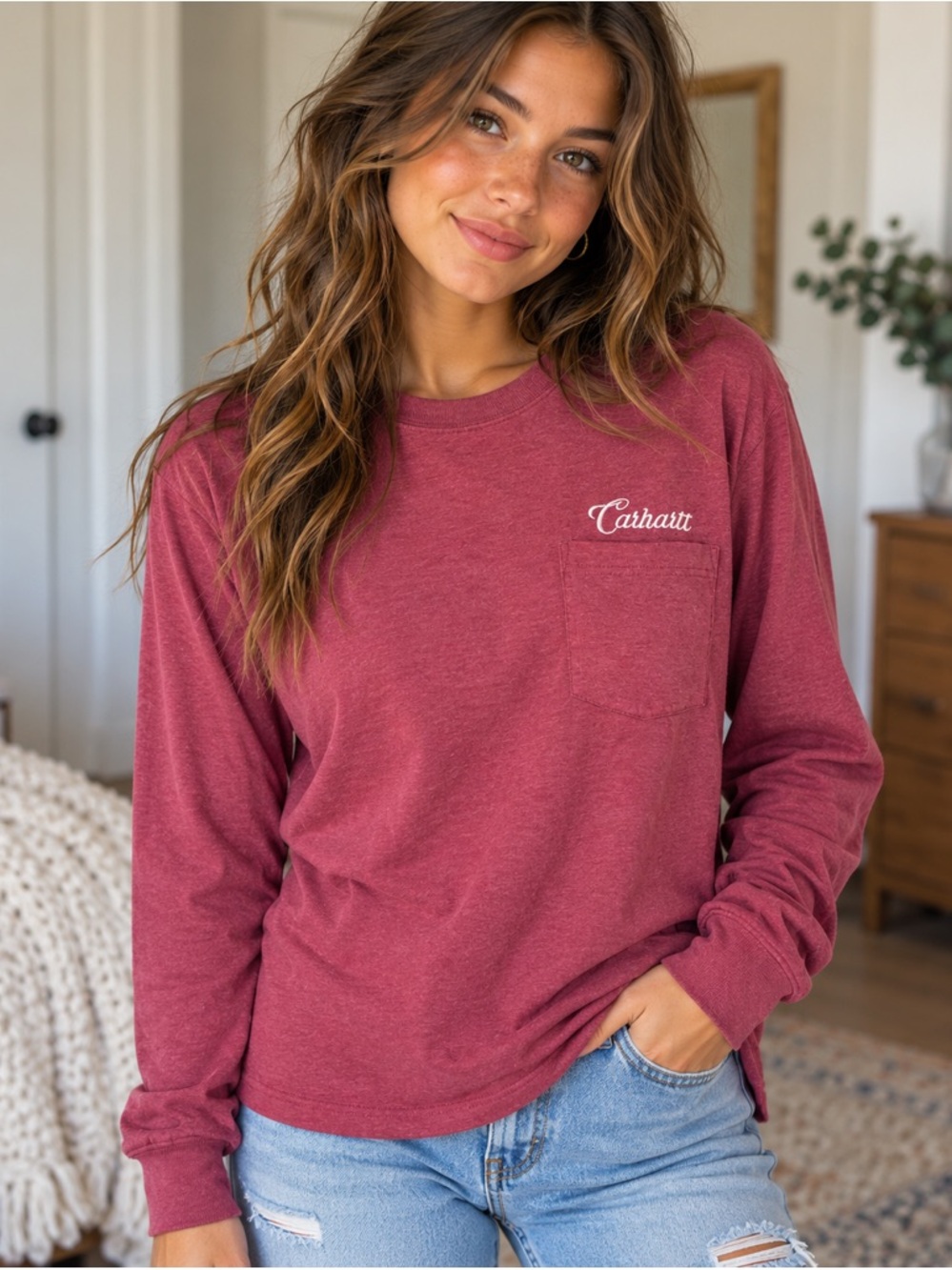 Carhartt Women’s Loose Fit Long Sleeve Pocket Tee Burgundy Script Logo